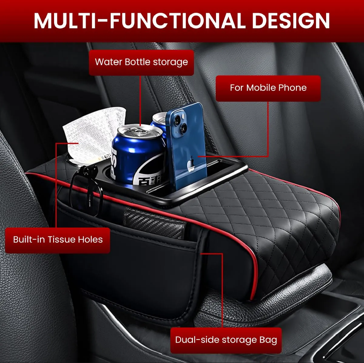 Multifunctional Car Armrest Heightening Pad, with 2 Storage Cup Holder, Phone Storage Slot, Tissue Box, Side Pockets