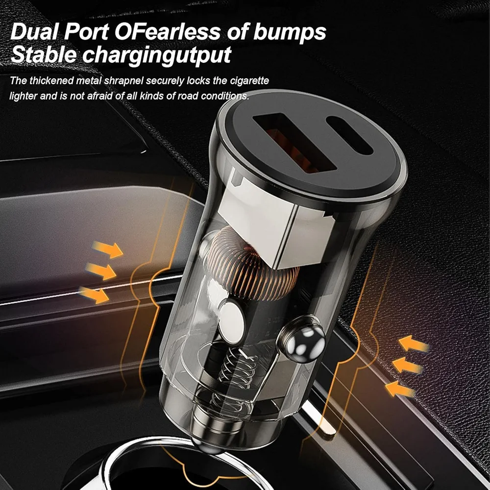 Car Charger Adapter - Clear Design Cigarette Lighter USB Charger,Portable Type C Car Charger Fast Charging, Car USB Charger Adapter 30W Phone USB
